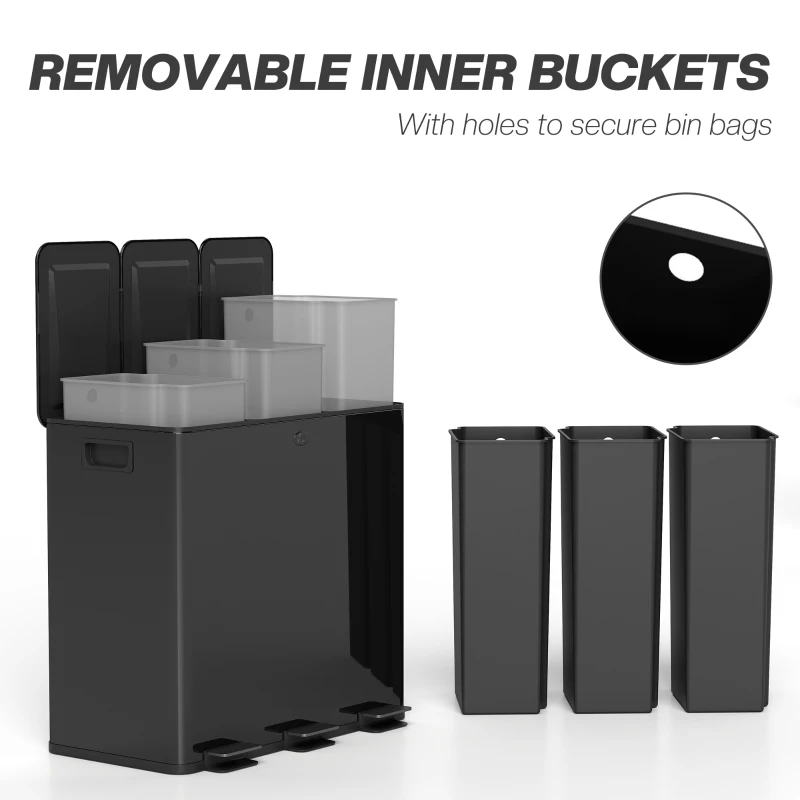 HOMCOM 3 x 20L Pedal Bin, Steel Triple Kitchen Bin with Soft Close Lid, Removable Inner Buckets, Fingerprint-Proof, Black
