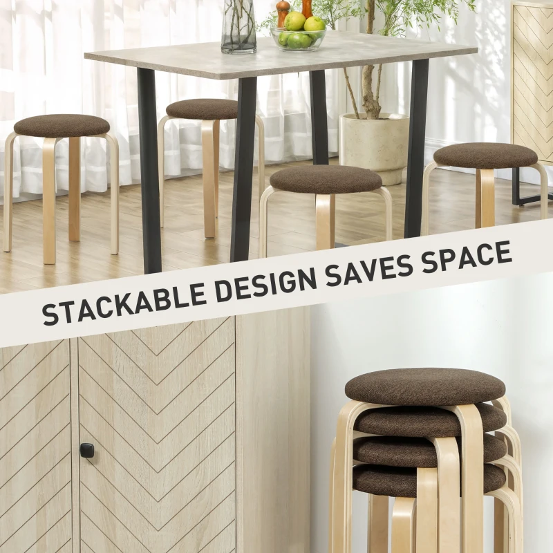 HOMCOM Tapicerowane taborety w zestawie 4, sztaplowane, lakierowane, drewniane nogi, brązowe