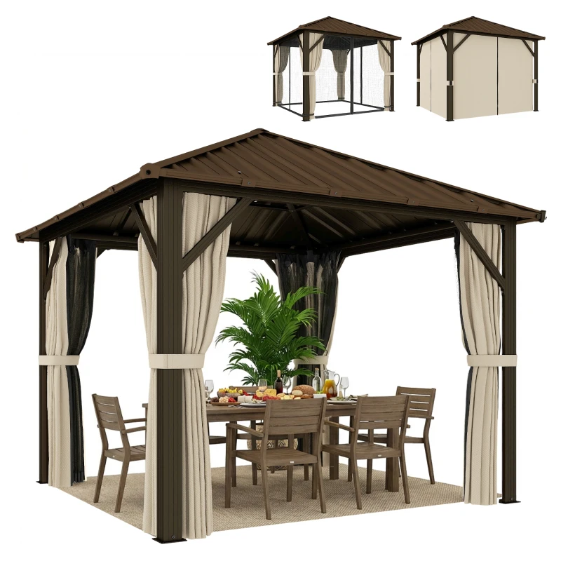 Outsunny Gartenpavillon ca. 3 x 3 m Aluminium Pavillon mit Stahldach Hardtop Moskitonetz 4 Seitenteile, UPF50+