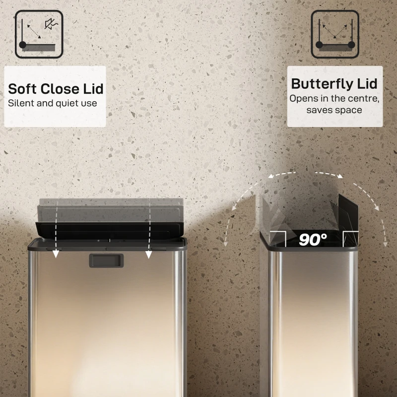 HOMCOM Dual Kitchen Bin with Soft-Close Butterfly Lid, 2 x 28L Stainless Steel Pedal Bin with Removable Inner Buckets, Fingerprint-Proof for Recycling and Waste, Silver Tone