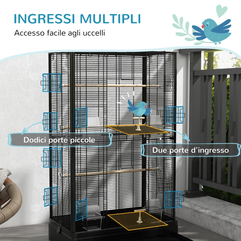 PawHut Gabbia per Uccelli con Vassoio Estraibile e Posatoi, Voliera per Pappagalli, 61x36.5x98cm, Nero
