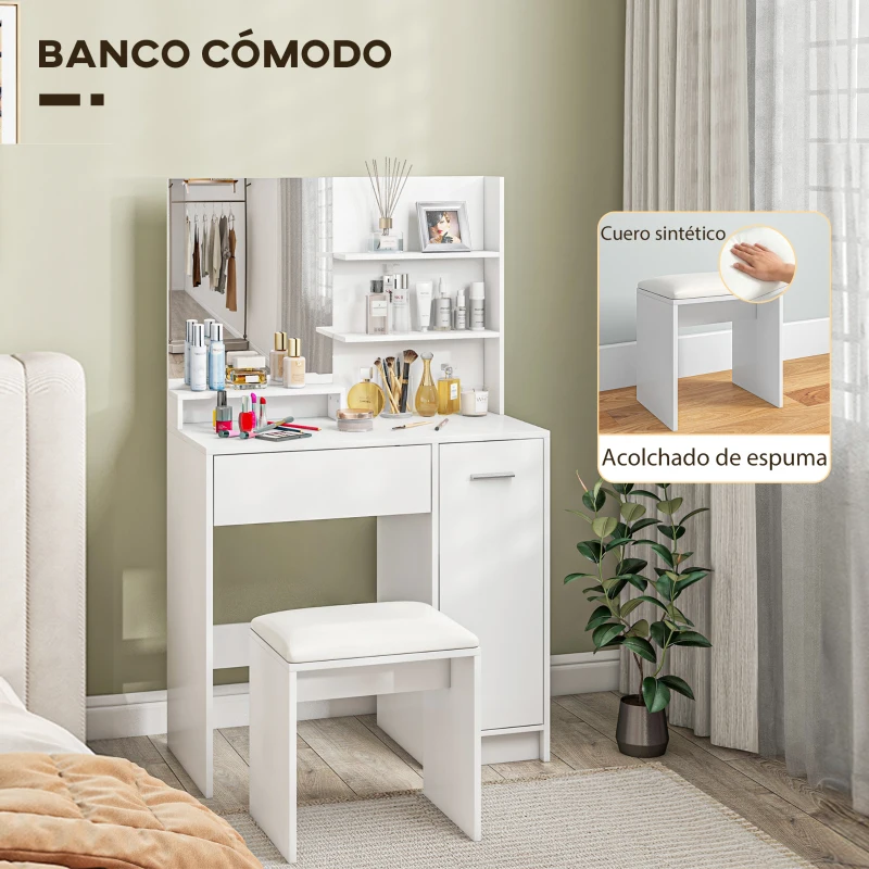 HOMCOM Tocador de Maquillaje con Taburete Espejo Cajón Estante Ajustable y Estantes Abiertos Anti-vuelco Blanco y Beige