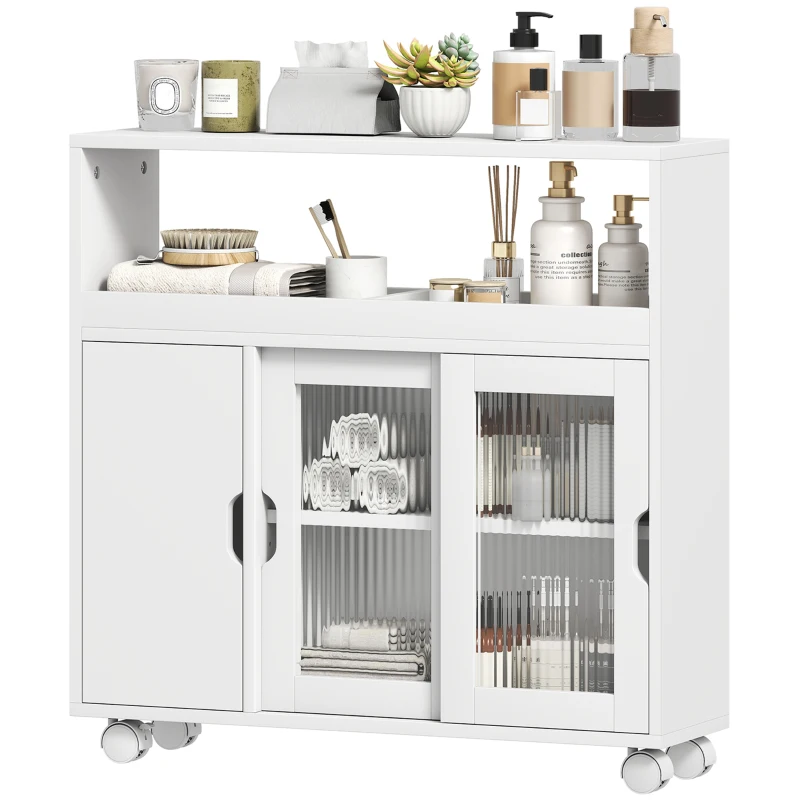 HOMCOM Mobile per Bagno a Rotelle in Legno con Spazio Aperto, Ripiani Regolabili e Ante in Vetro, 71x20x70 cm, Bianco