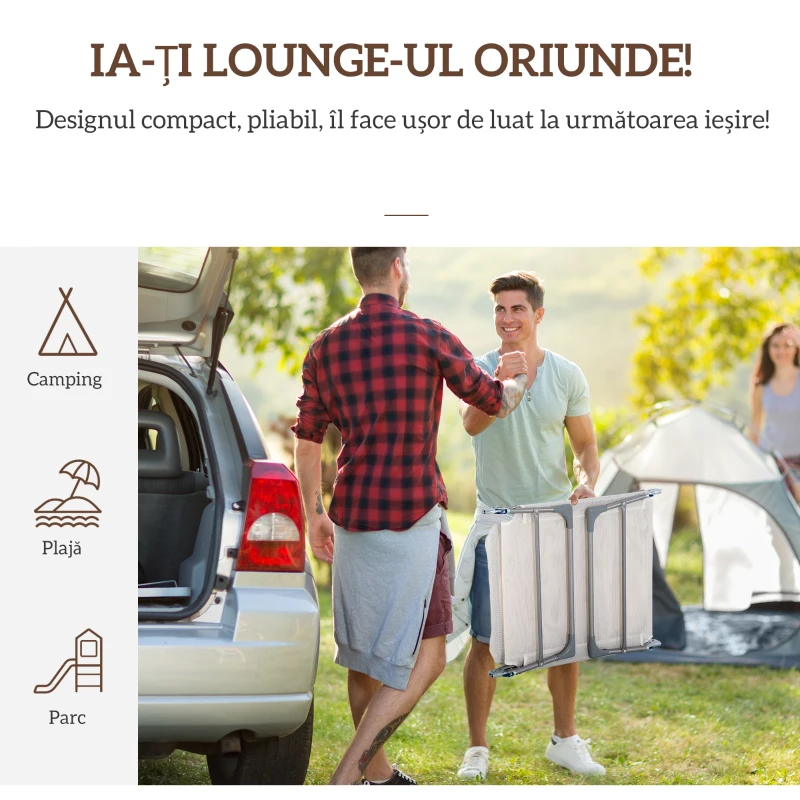 Outsunny Șezlong Pliabil cu Spătar Reglabil în 5 Poziții și Pernă, Șezlong de Grădină cu Material Textil Respirabil, pentru Plajă, Piscină, Grădină, 182x56x28 cm, Crem