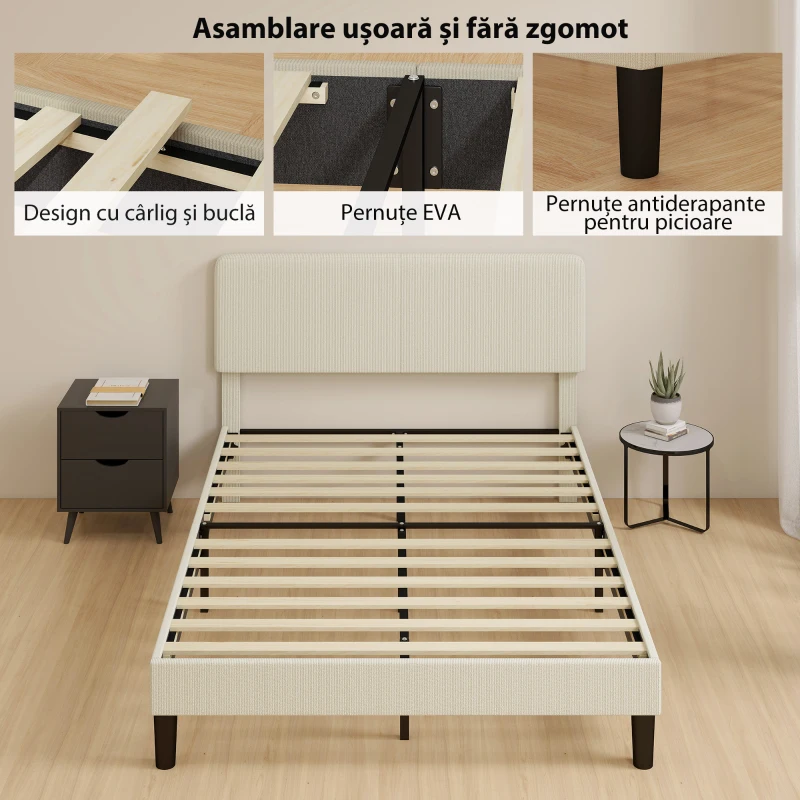 HOMCOM Cadru de Pat 140x200 cm cu Tăblie Tapițată Reglabilă pe Înălțime și Șipci, Catifea Canelată, Gri