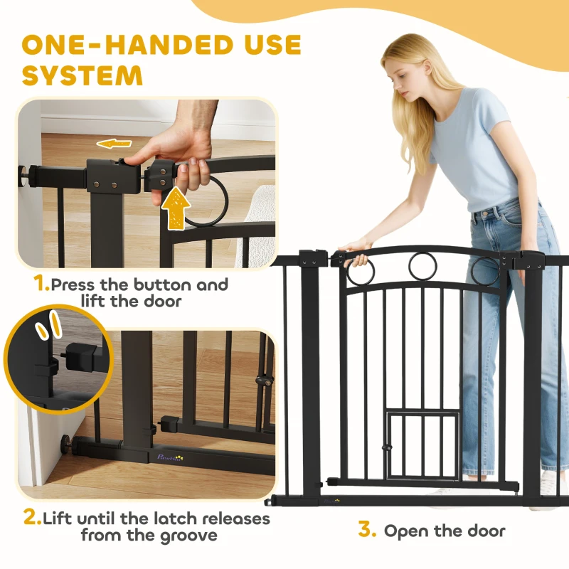 PawHut Bramka dla zwierząt, 77 cm bramka na schody, regulowana szerokość 76-104 cm, z drzwiczkami dla kota, do schodów i drzwi, czarna