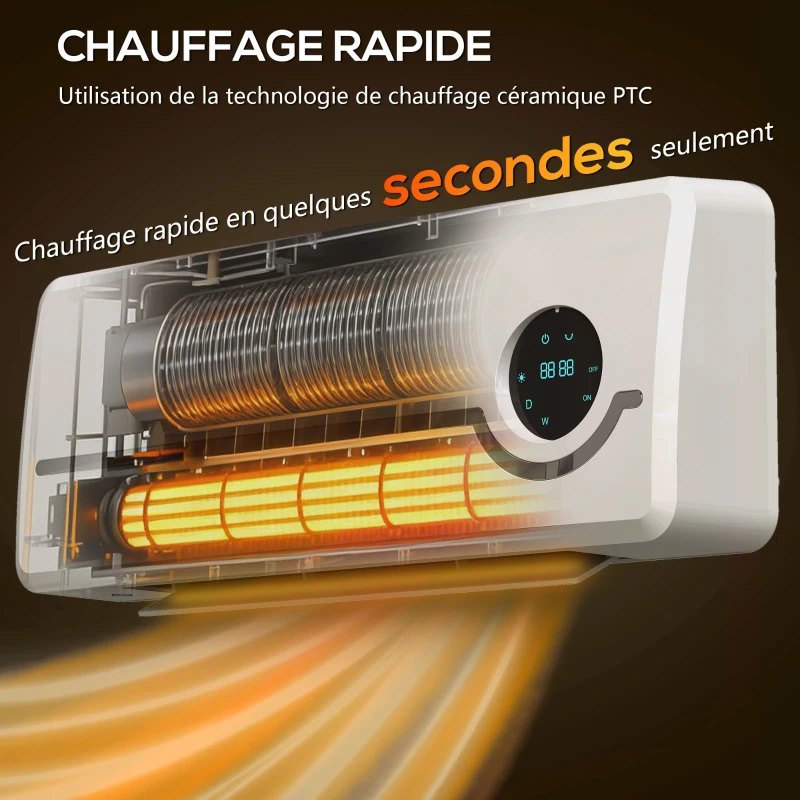 HOMCOM Chauffage mural en céramique 1000/2000W, radiateur électrique, ventilateur, thermostat, minuterie, 50x18,6x12,9cm, blanc(m-4)