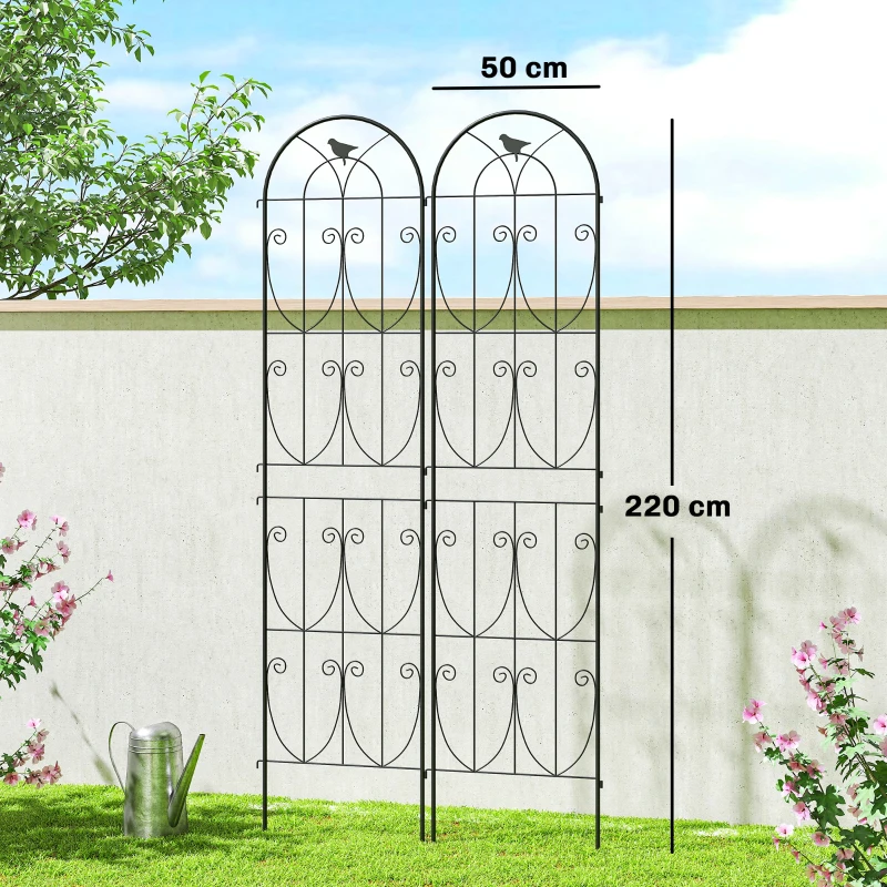 Outsunny Suporte para Plantas Trepadeiras com Pássaros Conjunto de 2 Treliças de Jardim para Legumes Vinhas Flores Metal 50 x 220 cm Preto