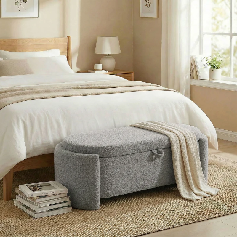 HOMCOM Puff Almacenaje Banco Almacenaje Ovalado 129x48,5x44 cm Tapizado en Terciopelo de Teddy Carga 200 kg Gris Claro