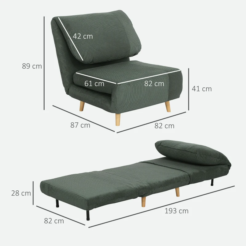 HOMCOM 2-in-1 Fotoliu extensibil Pat pentru oaspeți, tetieră reglabilă, aspect catifea reiată 82 cm x 87 cm x 89 cm Verde