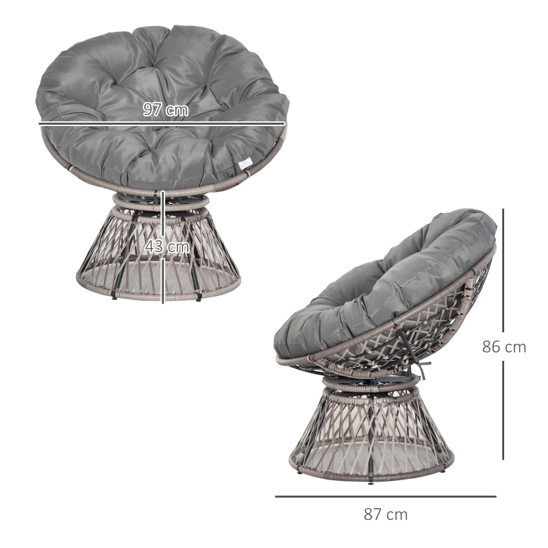 Outsunny Sillón Papasan Giratorio 360° de Ratán Sintético con Cojín Carga 160 kg para Exterior Jardín Terraza 87x97x86 cm Gris