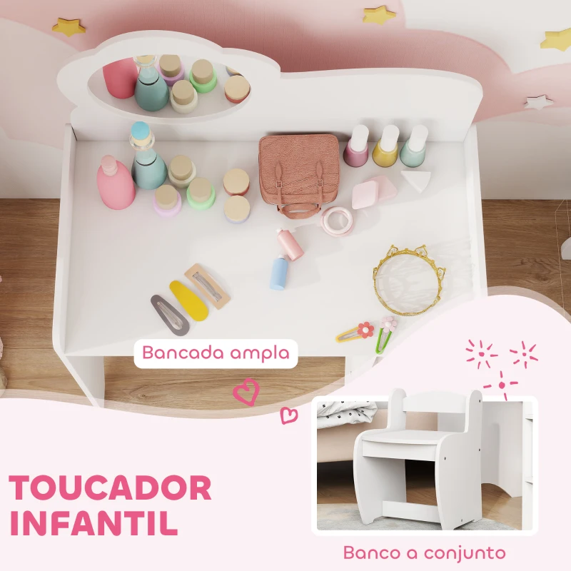 AIYAPLAY Toucador para Crianças com Banco e Espelho em Forma de Flor com Compartimentos Abertos 70x39x92,5 cm Branco
