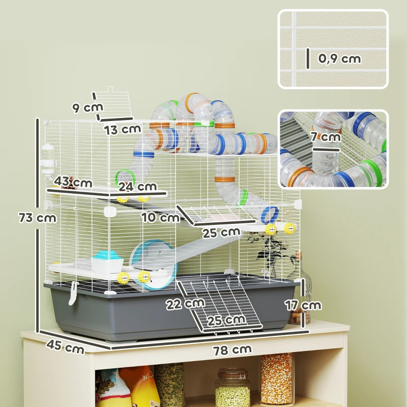 PawHut Cușcă pentru hamster pitic, 4 nivele, sistem de tuneluri, căsuță, accesorii, deschidere superioară, 78 x 45 x 73 cm, Gri