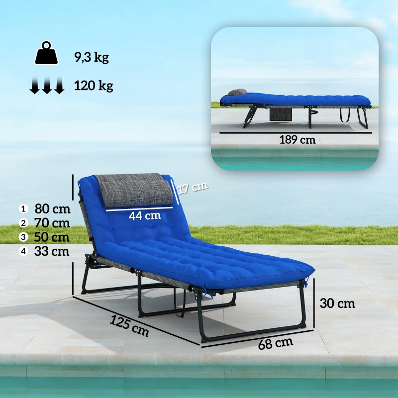 Outsunny Leżak z 4-stopniowym regulowanym oparciem, poduszką, boczną kieszenią i zagłówkiem, 68 x 189 x 33 cm, niebieski