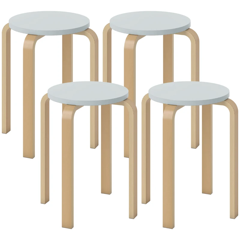 HOMCOM Set 4 Taburete Rotunde Stivuibile din Lemn Gri, Ø40x45 cm