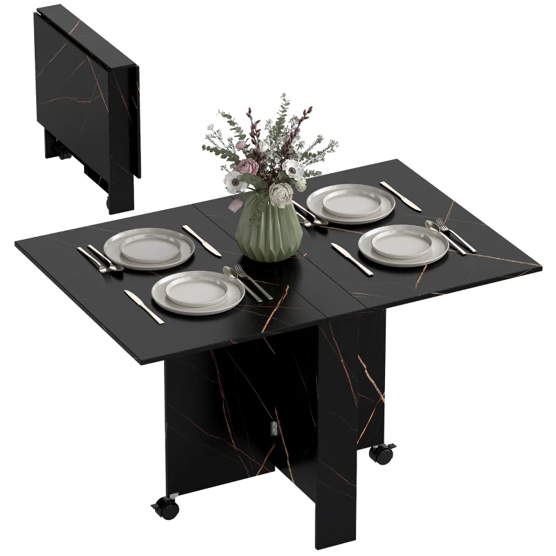 HOMCOM Mesa de Comedor Plegable con Ruedas y 2 Alas Abatibles Hasta 6 Personas Acabado Mármol 120x80x73 cm Negro