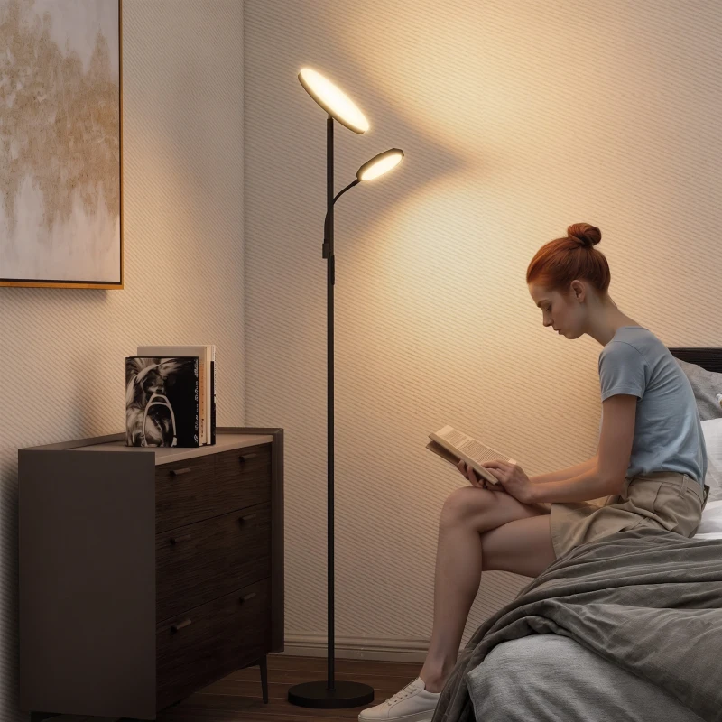 HOMCOM LED Floor Lamp for Living Room, Stepless Dimmable Standing Lamp, Mother and Child Uplighter with Reading Light, 4 Scene Modes, 2700K-6500K Colour Temps, 4 Brightness Levels, Remote Control