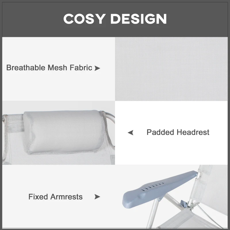 Outsunny Zestaw 2 Krzeseł Campingowych Składanych z 6-stopniową Regulacją Oparcia Siateczkowym Zagłówkiem 62 x 65 x 80 cm Jasnoszary
