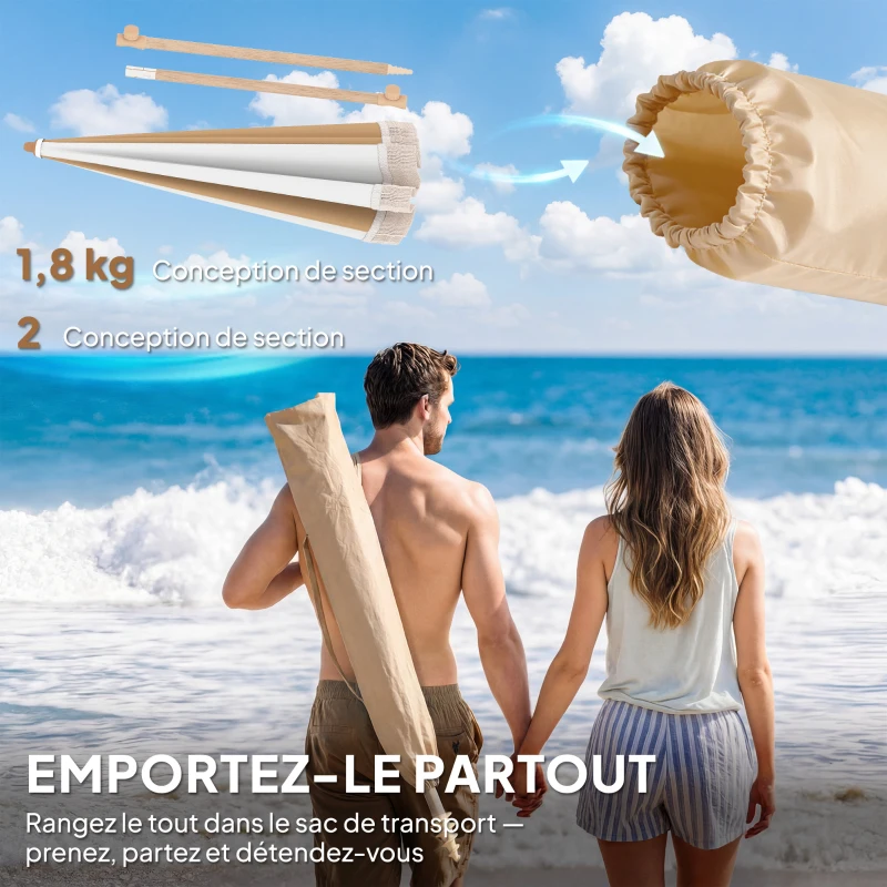 Outsunny Parasol de plage 1,7 m, parasol de jardin inclinable avec ancrage au sable, franges et hauteur réglable, blanc et beige