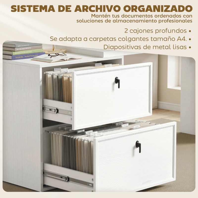 HOMCOM Escritorio Reversible en Forma de L con 2 Cajones Archivadores Diseño Moderno para Espacios Pequeños Oficina Blanco