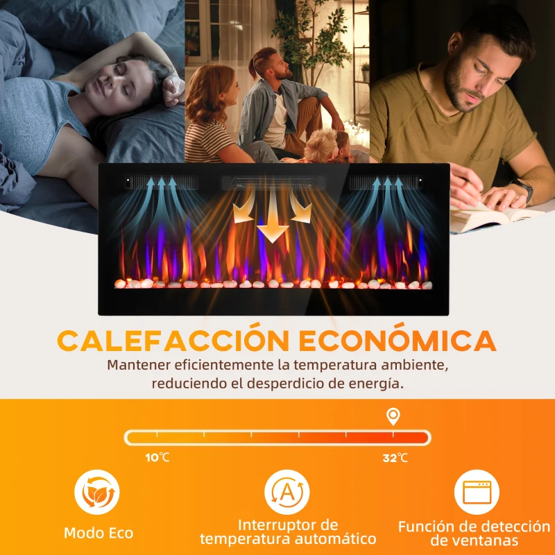 HOMCOM Chimenea Eléctrica Pared Empotrable Ultrafina con Llama 3D Brillo/Velocidad Ajustable y 12 Colores Guijarros 900/1800W