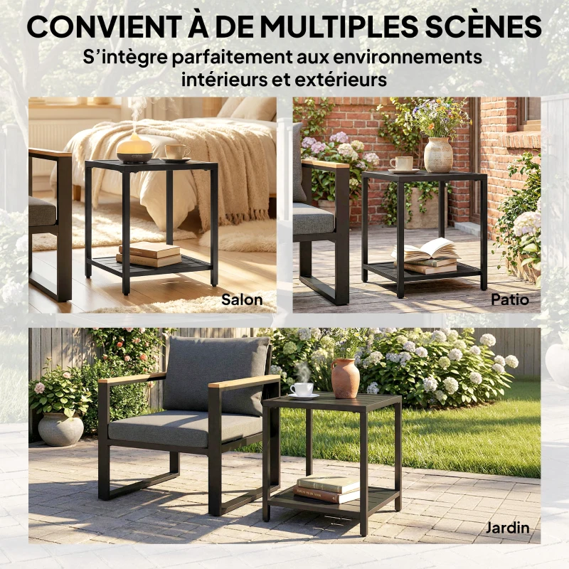 Outsunny Table basse extérieure à 2 niveaux en métal, table de jardin carrée avec étagère de rangement, 45 x 45 x 54 cm, noir