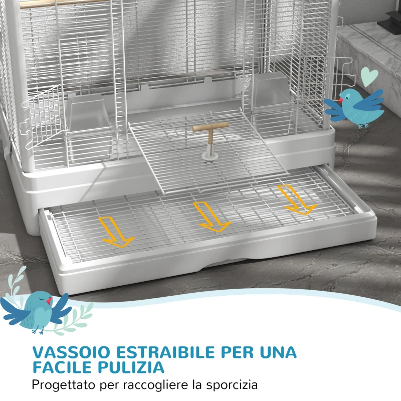 PawHut Gabbia per Uccelli con Vassoio Estraibile e Posatoi, Voliera per Pappagalli, 61x36.5x98 cm, Bianco