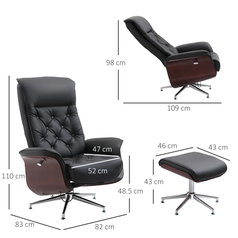 HOMCOM Fotoliu de relaxare cu taburet Fotoliu TV Fotoliu tapițat rotativ 360° înclinabil 145° cu design retro Chesterfield tapițerie PU placare lemn picior metalic Negru 82 x 83 x 110 cm