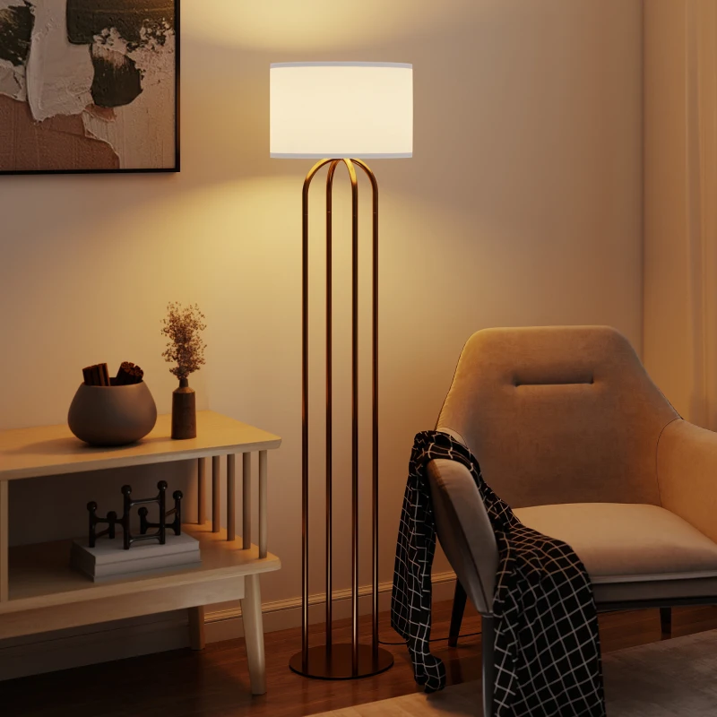 HOMCOM Lampadar pentru living, lampadar cu abajur din in și comutator de picior, Ø 38 x 161 cm, auriu și bej