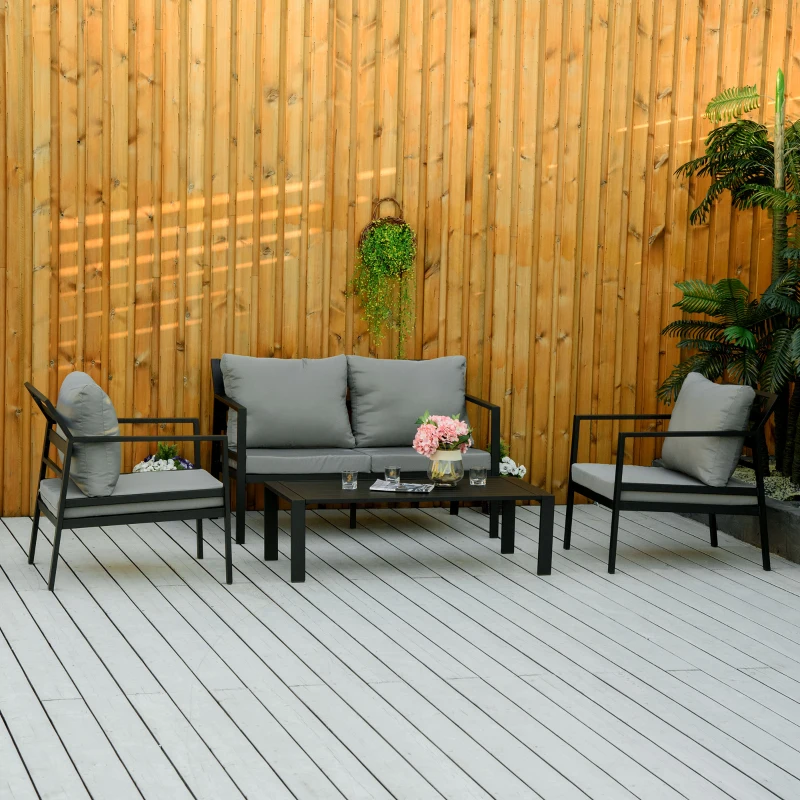 Outsunny Ensemble salon de jardin 4 pièces canapé 2 places + 2 fauteuils + table basse plateau à lattes 8 coussins rembourrage épais déhoussables aluminium gris noir