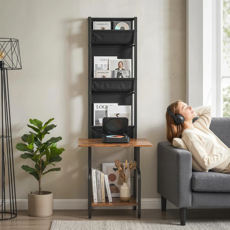 HOMCOM Industrielles CD-Regal, CD-Aufbewahrung, DVD-Ständer mit 3 Stofftaschen und Tischplatte, Rustikale Holzoptik in Braun