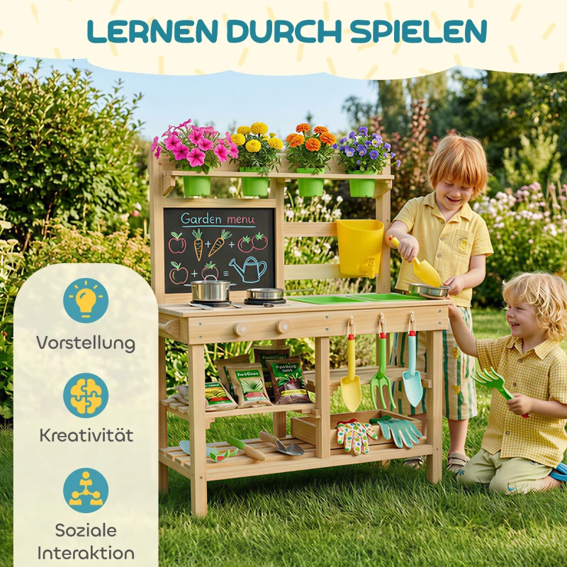 AIYAPLAY Matschküche Kinder Outdoor, Spielküche aus Holz mit Spüle Herd Pflanztöpfen Tafel für 3-6 Jahre 77x32x95 cm Naturholz