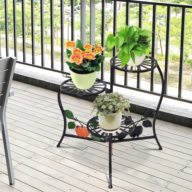 Outsunny Étagère à Fleurs Supports de Pots Porte Plante en métal à 3 Niveaux élégant Pliable intérieur/extérieur pour Maison Balcon Jardin Terrasse dim. 64L x 45l x 56H cm Noir