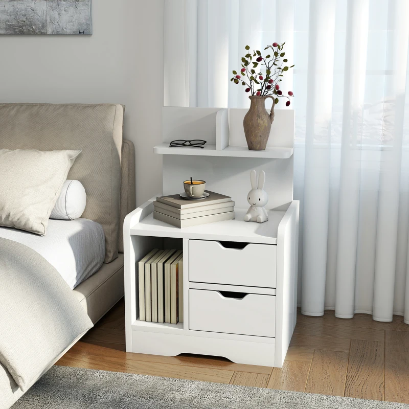 HOMCOM Bedside Table with 2 Drawers and Open Shelves - High Gloss White