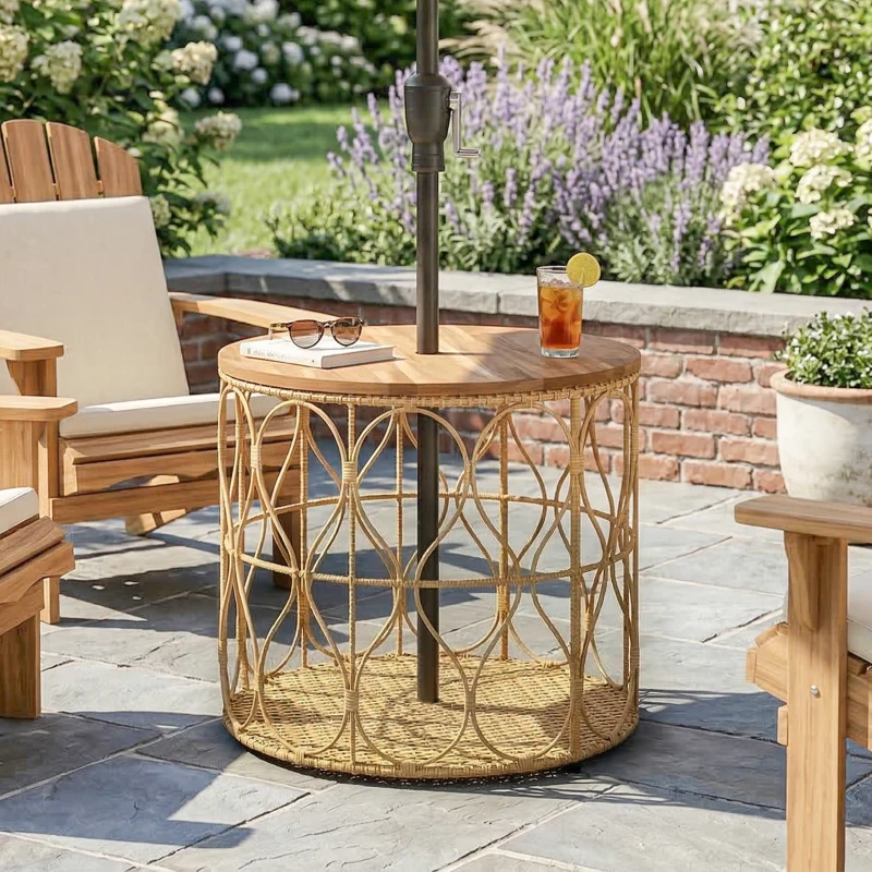 Outsunny Mesa Auxiliar Ø50 cm Resistente às Intempéries Mesa de Jardim com Aparência de Rattan Tampo em Madeira de Acácia Pés Ajustáveis Teca