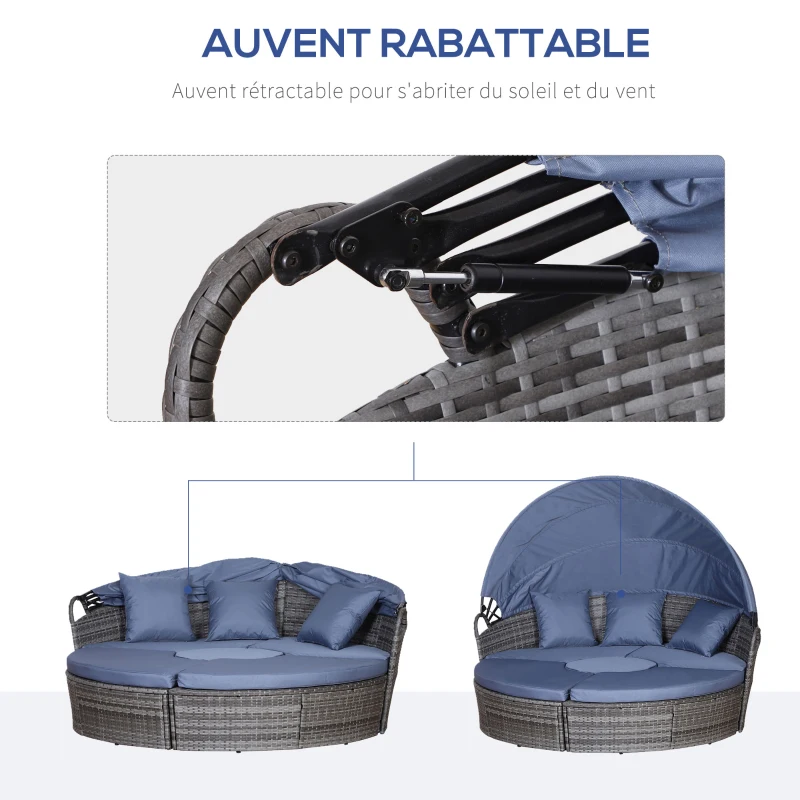 Outsunny Bain de soleil chaise longue salon de jardin exterieur modulable en résine tressée avec pare soleil pliable 5 coussins 3 oreillers 175l x 180P x 147H cm bleu
