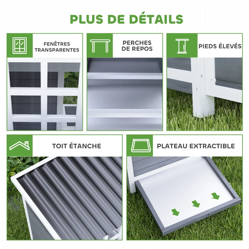PawHut Poulailler en bois XL avec nichoir 3 compartiments tiroir amovible toit imperméable porte-rampe 100x86x100cm gris