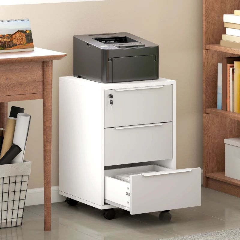 HOMCOM Schedario per Ufficio a 3 Cassetti con Chiavi di Sicurezza e 4 Ruote, in Legno, 40x40x63.5 cm, Bianco e Grigio