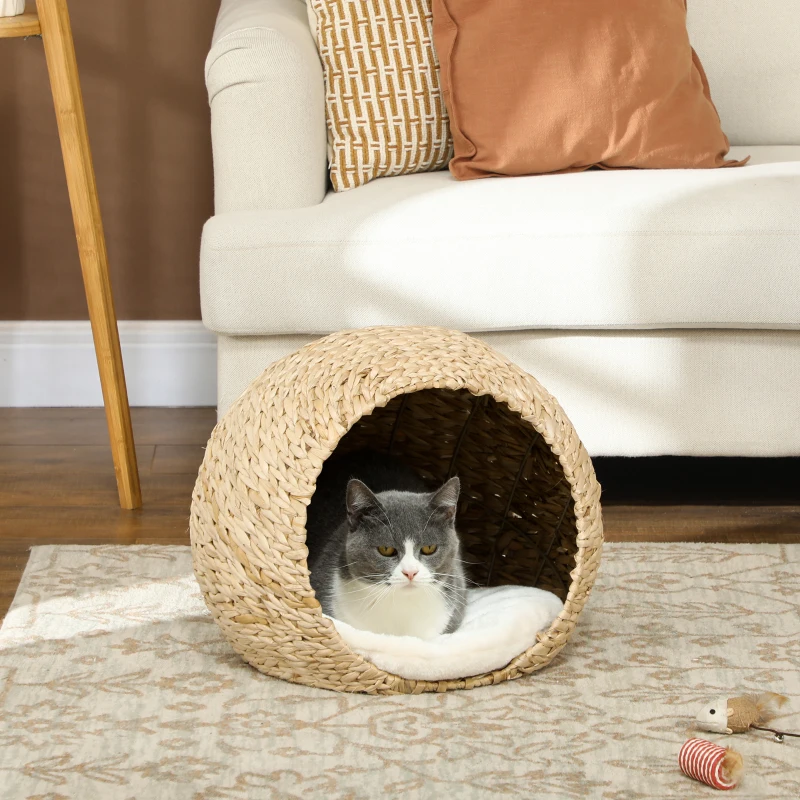 PawHut Coș pentru pisici casă pentru pisici pernă moale interior spațios din stuf 45 x 41 x 37 cm maro