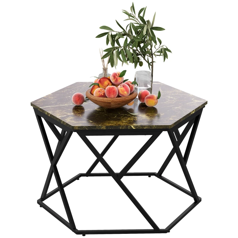 HOMCOM Table basse hexagonale avec plateau MDF aspect marbre et piètement graphique en métal noir - dim. 81L x 70l x 51,2H cm