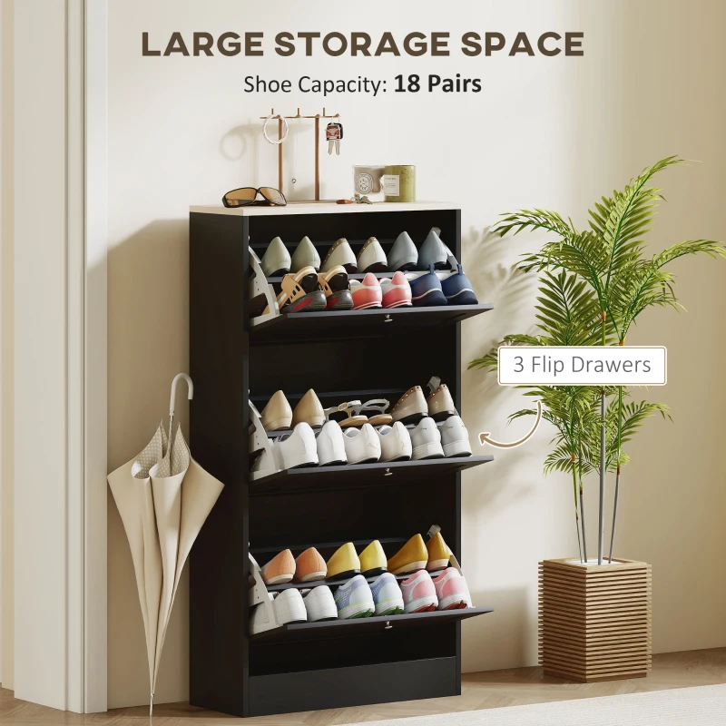 HOMCOM Modern Compact Three-Drawer Shoe Storage Cabinet - Black