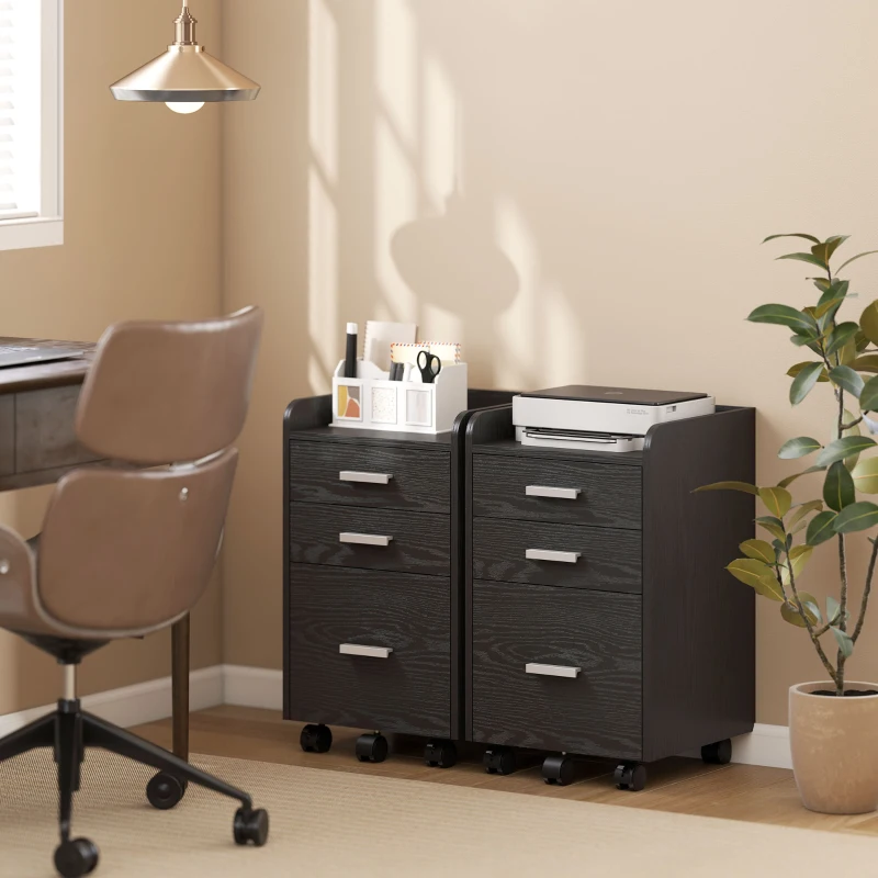 HOMCOM 3 Drawer Filing Cabinet, Rolling File Cabinet with Edged Top for Letter, A4 Size, Hanging File Folders, Black