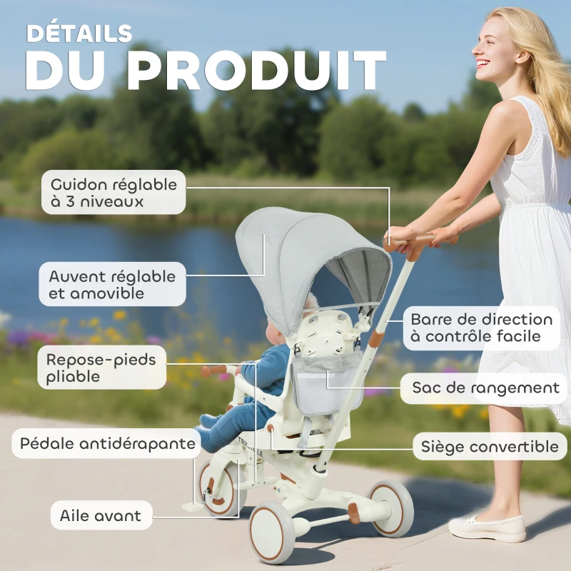 AIYAPLAY Triciclo de bebê evolutivo 5 em 1, triciclo infantil dobrável com alça regulável, capota removível, para 1-3 anos, creme