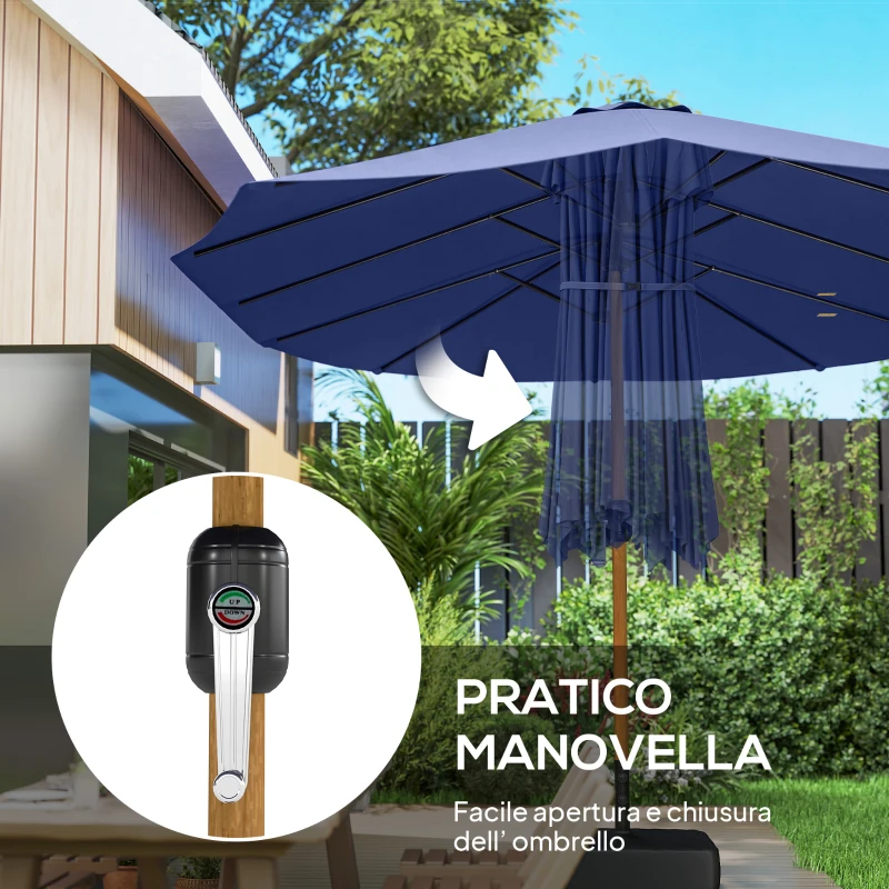 Outsunny Ombrellone Doppio a 12 Stecche con Manovella, Base a Croce e Sacchi di Sabbia, 4.7x2.8 m, Blu Scuro