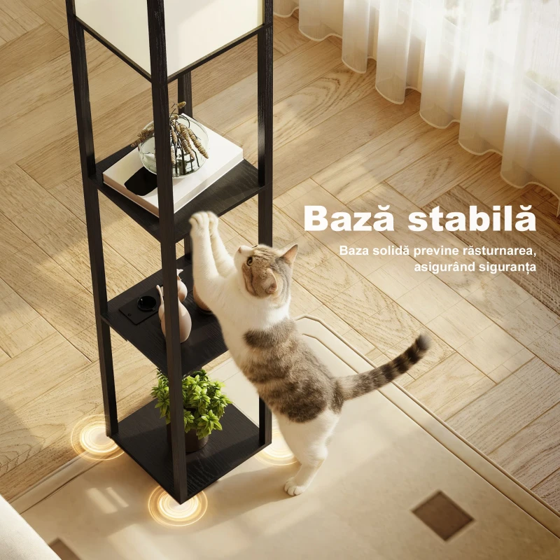 HOMCOM Lampă de Podea LED cu Rafturi, Lampă Modernă cu Comutator Pedală și Porturi USB, Temperatură de Lumină Reglabilă pentru Sufragerie și Dormitor, Negru