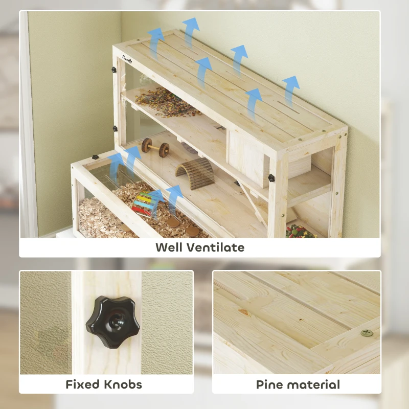 PawHut Klatka dla chomików, 3 poziomy, chatka, akcesoria, 100 x 50 x 84 cm, dla wielu małych zwierząt, drewno, plastik