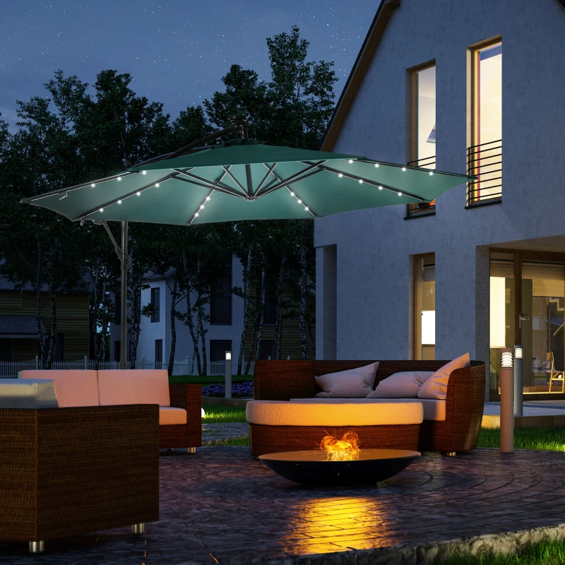 Outsunny Parasol déporté octogonal parasol LED inclinable manivelle piètement acier dim. Ø 3 x 2,6H m vert