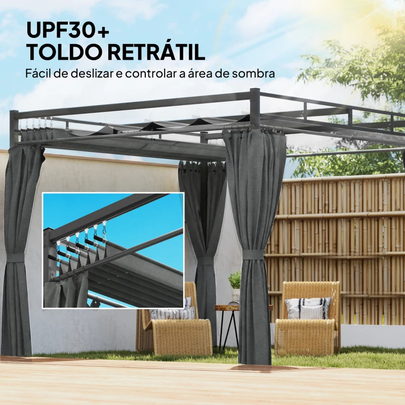 Outsunny Pérgola de Jardim 295x295x221 cm com Teto Retrátil e Cortinas UPF30+ Estrutura Metálica Pérgola para Exterior Cinzento Escuro