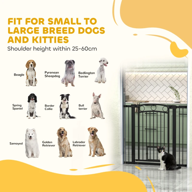 PawHut Bramka dla zwierząt, 96 cm, regulowana szerokość 76-104 cm, z drzwiczkami dla kota, dla schodów i drzwi, czarna