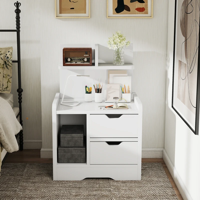HOMCOM Bedside Table with 2 Drawers and Open Shelves - High Gloss White